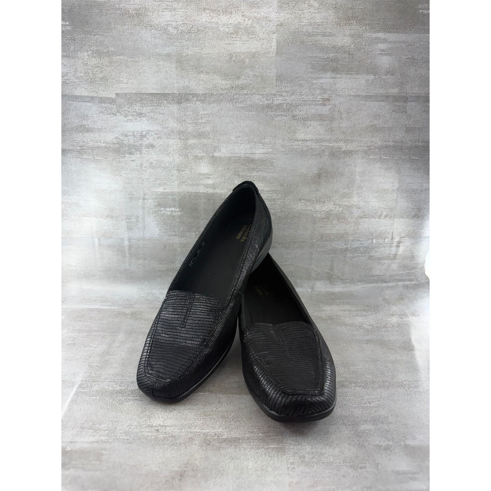 Clarks Collection Black Lizard Embossed Leather Loafers Women Sz 8M Square Toe